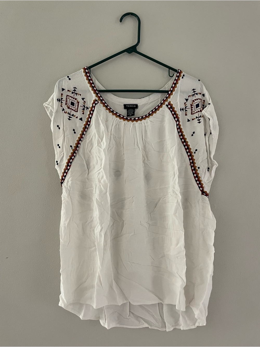 Torrid White Embroidered Peasant Top with Multicolor Trim